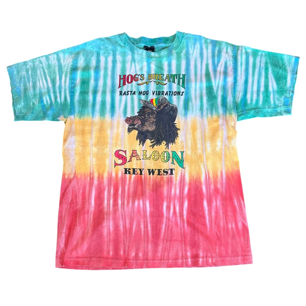 Vintage Hogs Breath Saloon Key West Rasta Tie Dye T-Shirt XL 360 Hardwear USA